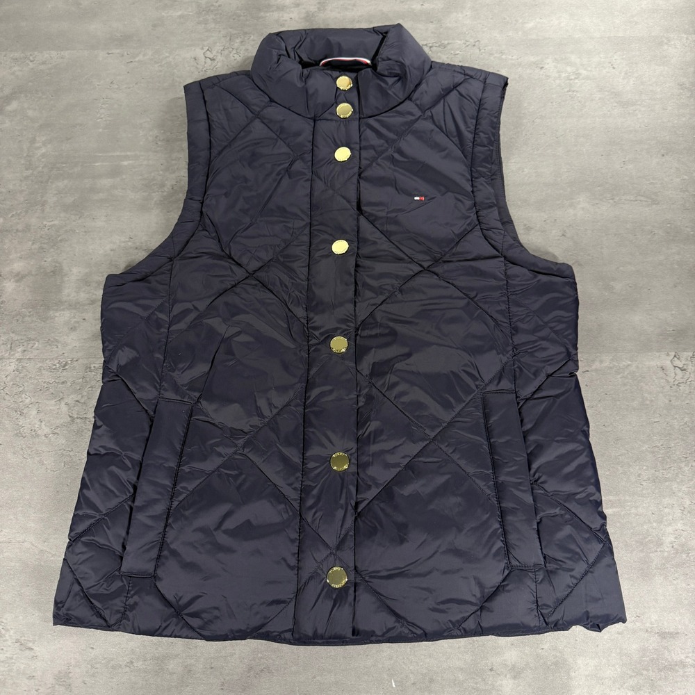 Tommy Hilfiger‎ Quilted Vest Women S Navy Packable Light Gold Snap Zip $149 Gorp